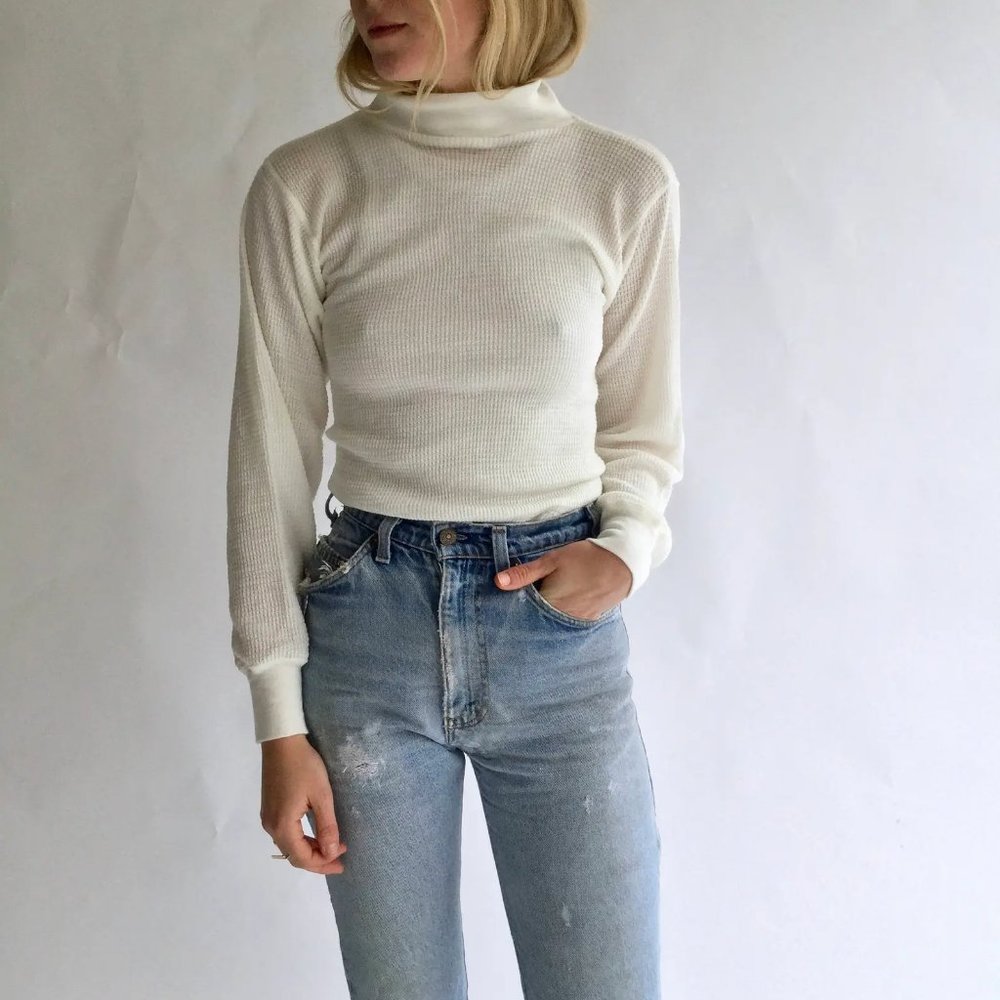 Vintage White Waffle knit Mock Turtleneck Shirt